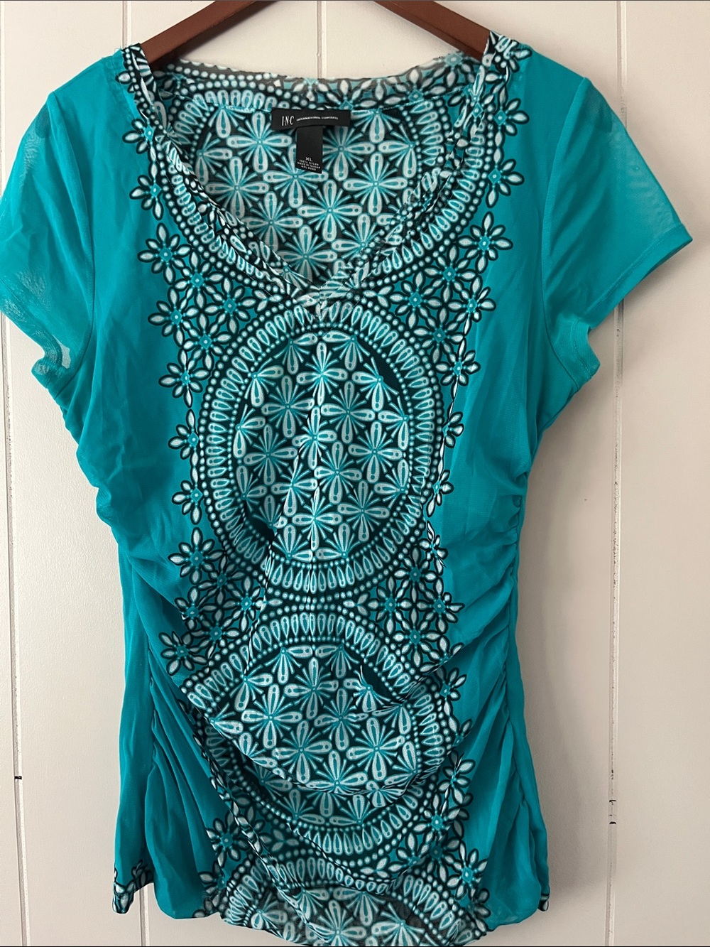 INC International Concepts Teal Floral Embroidered Scoop Neck Tee